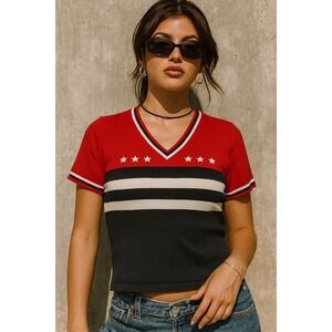 Vintage V-Neck Sweater Top Short Sleeve Stars Stripes 90s Y2K